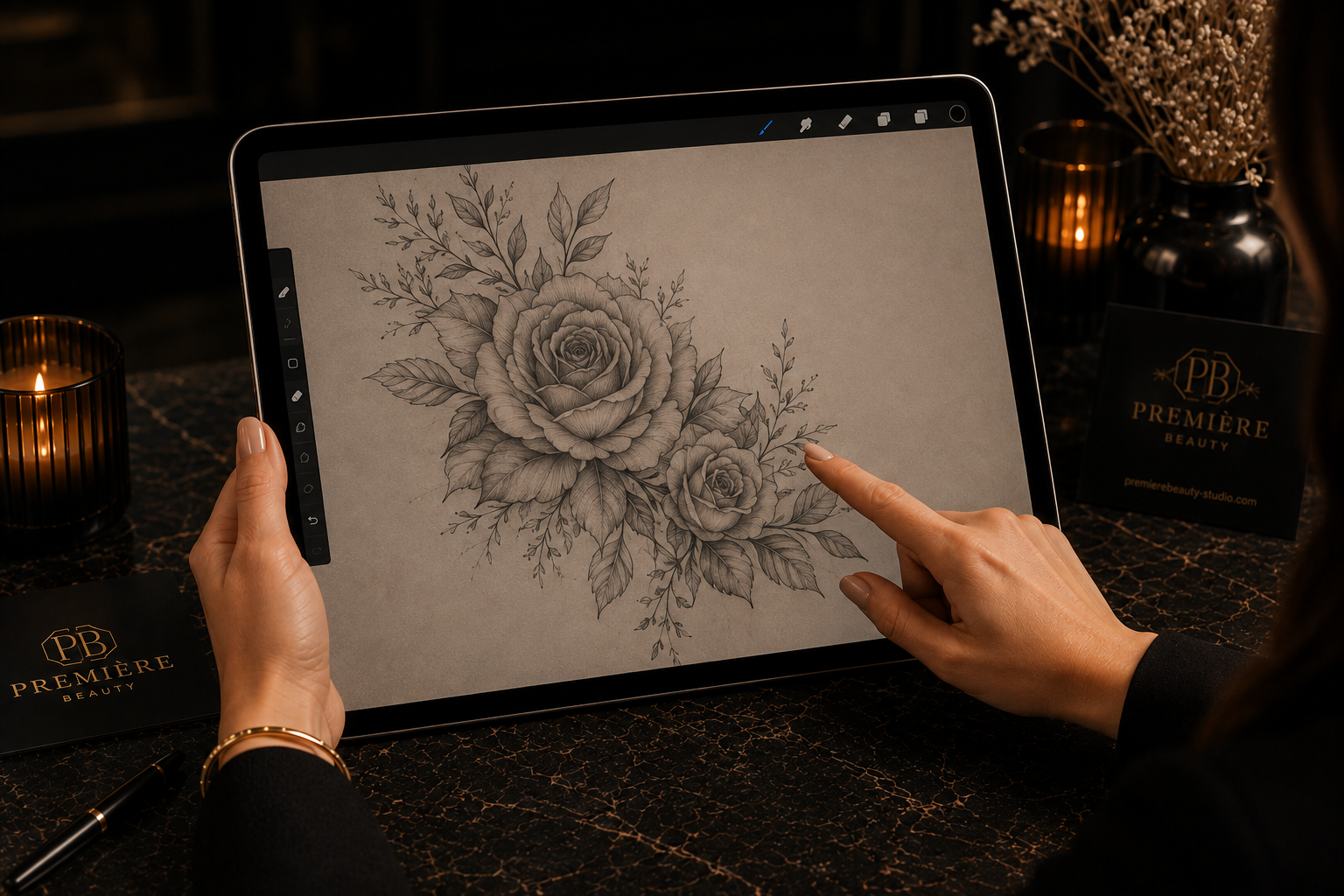 Digital beauty consultation and eyebrow design on a laptop